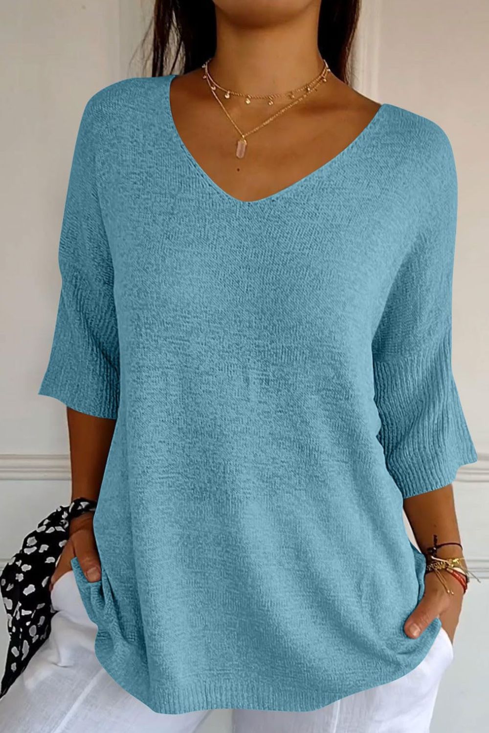 V-Neck Three-Quarter Sleeve Knit Top-TOPS / DRESSES-[Adult]-[Female]-Pastel Blue-One Size-2022 Online Blue Zone Planet