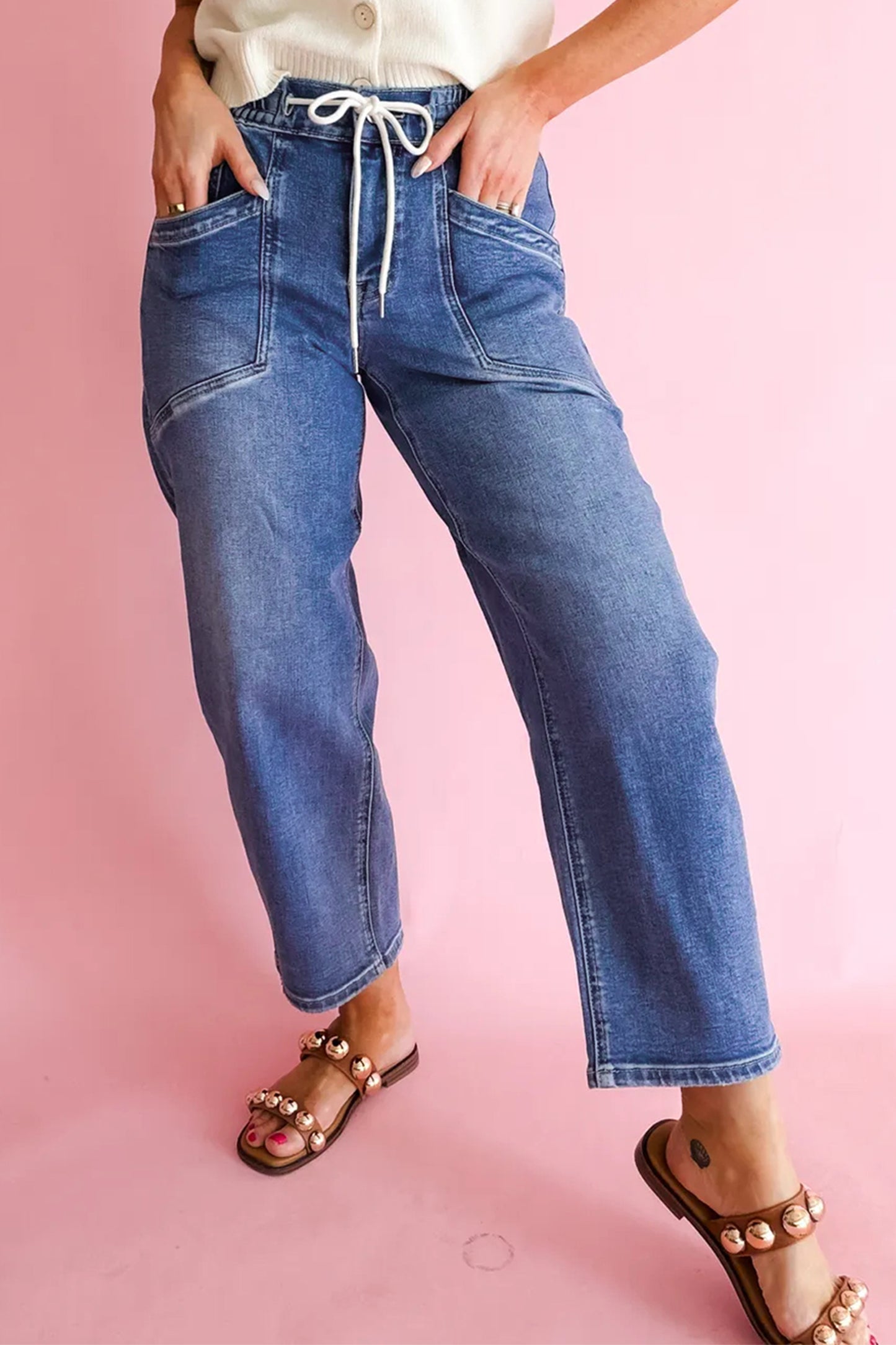 Ashleigh Blue Drawstring Waist Ankle Length Casual Jeans Regular Fit Pocket Detail Denim Pants-Bottoms/Jeans-[Adult]-[Female]-2022 Online Blue Zone Planet