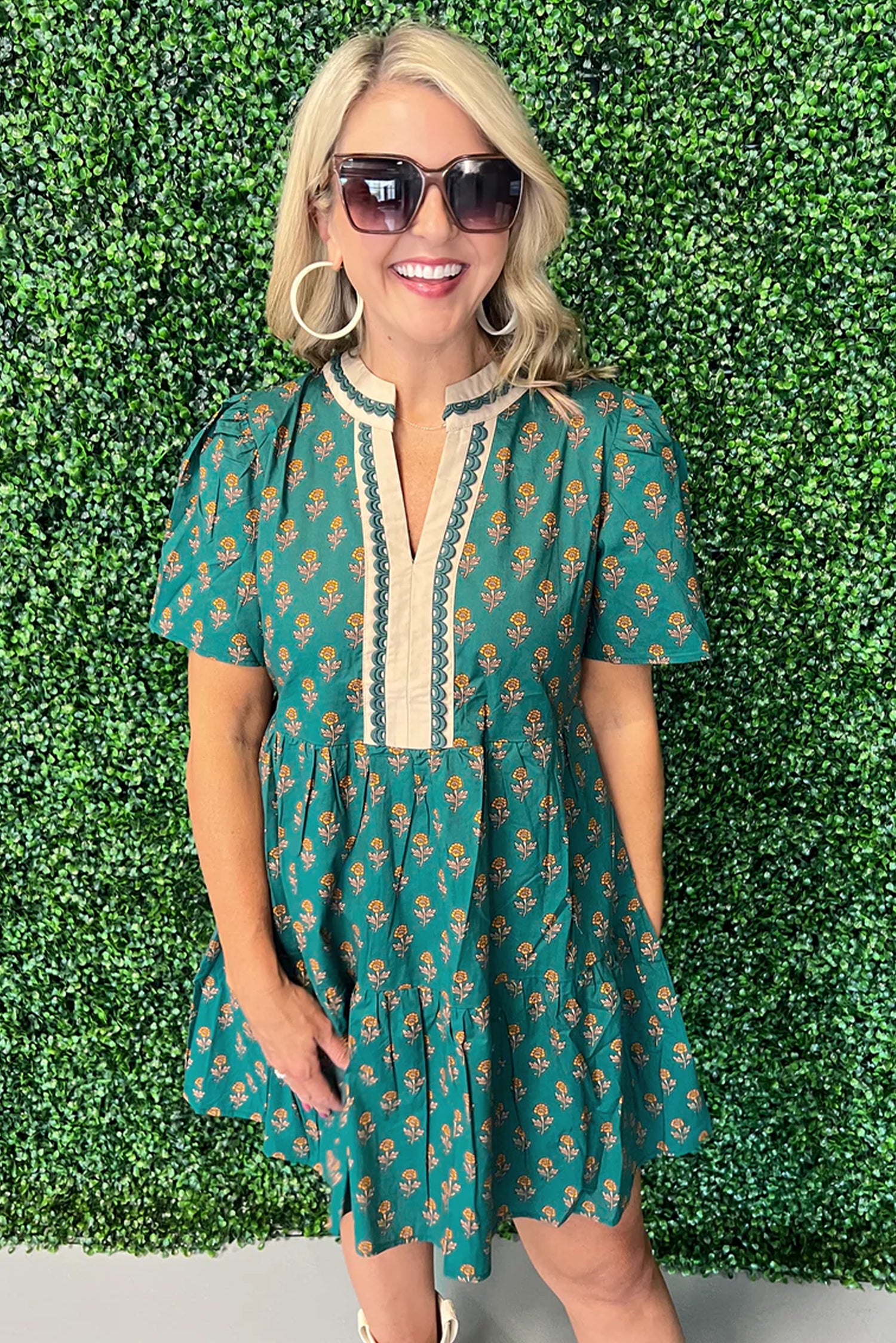 Green Contrast Trim V Neck Short Sleeve Floral Dress-TOPS / DRESSES-[Adult]-[Female]-2022 Online Blue Zone Planet