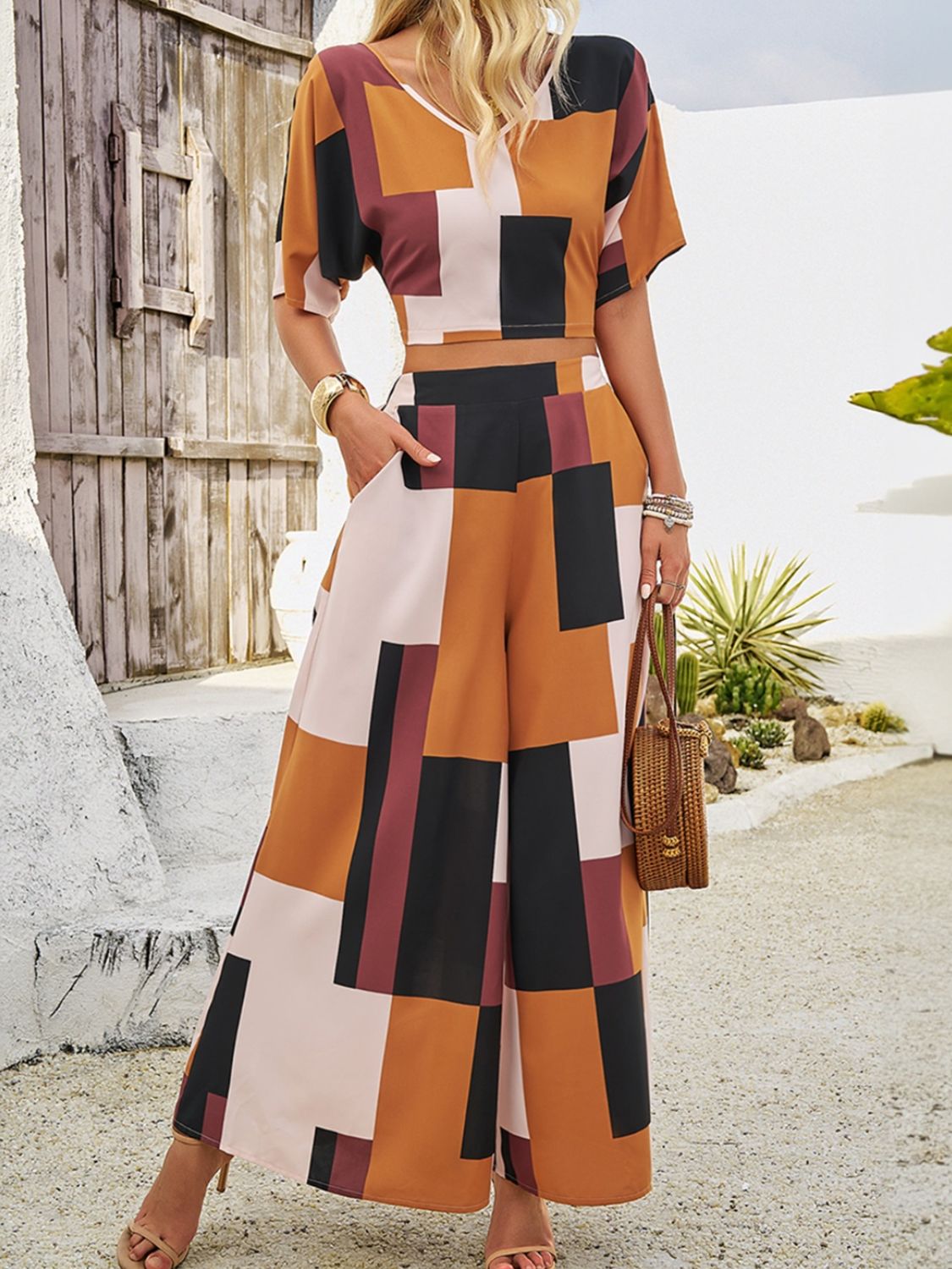 Blue Zone Planet | Color Block V-Neck Top and Wide Leg Pants Set-TOPS / DRESSES-[Adult]-[Female]-Ochre-S-2022 Online Blue Zone Planet