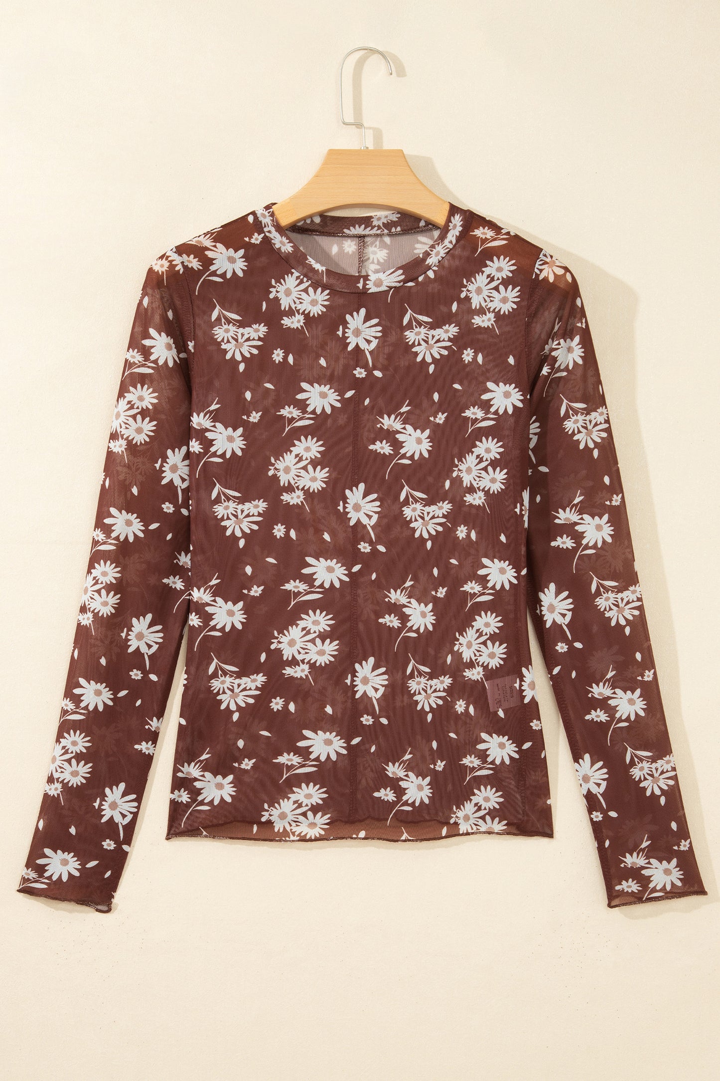 Brown Floral Print Sheer Mesh Long Sleeve Top-Tops/Long Sleeve Tops-[Adult]-[Female]-2022 Online Blue Zone Planet