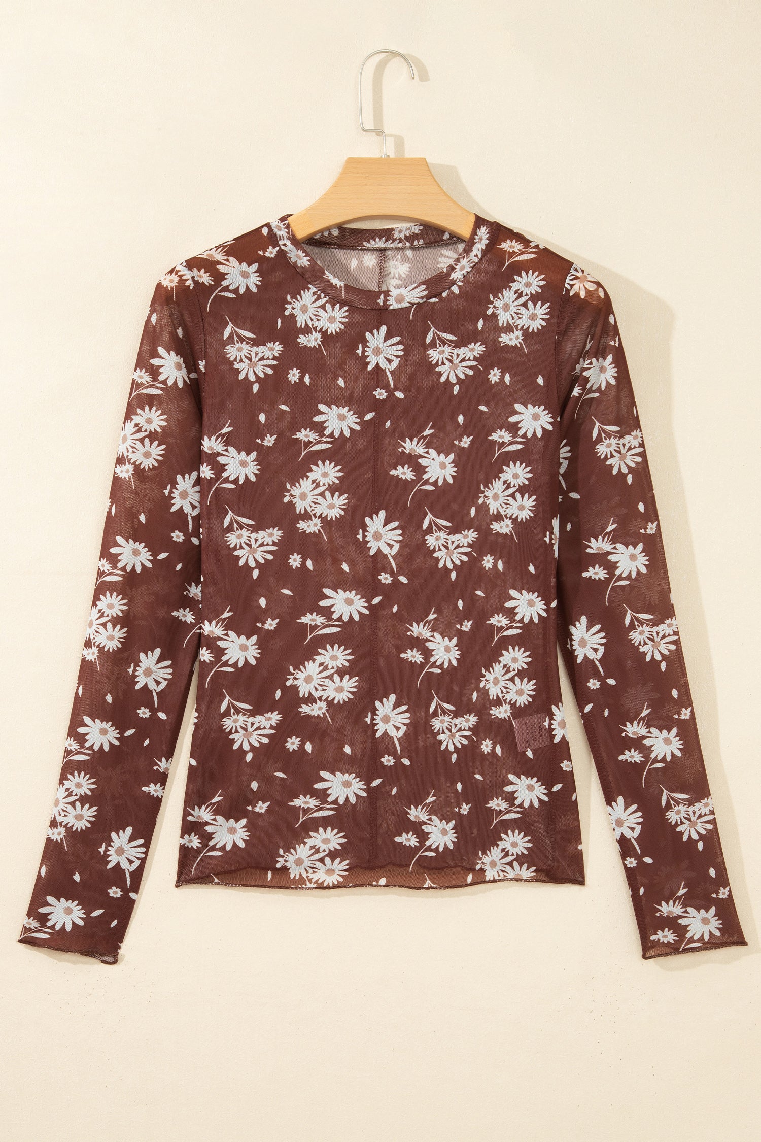 Brown Floral Print Sheer Mesh Long Sleeve Top-Tops/Long Sleeve Tops-[Adult]-[Female]-2022 Online Blue Zone Planet