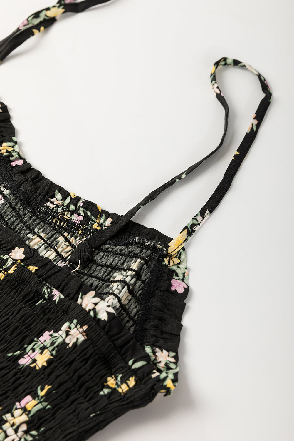 Black Floral Spaghetti Strap Shirred Bodice Tied Empire Waist Maxi Dress-TOPS / DRESSES-[Adult]-[Female]-2022 Online Blue Zone Planet