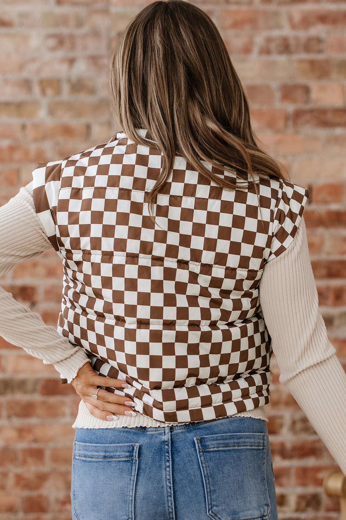 Black Double Checked Stand Collar Cropped Puffer Vest-Outerwear/Vests-[Adult]-[Female]-2022 Online Blue Zone Planet