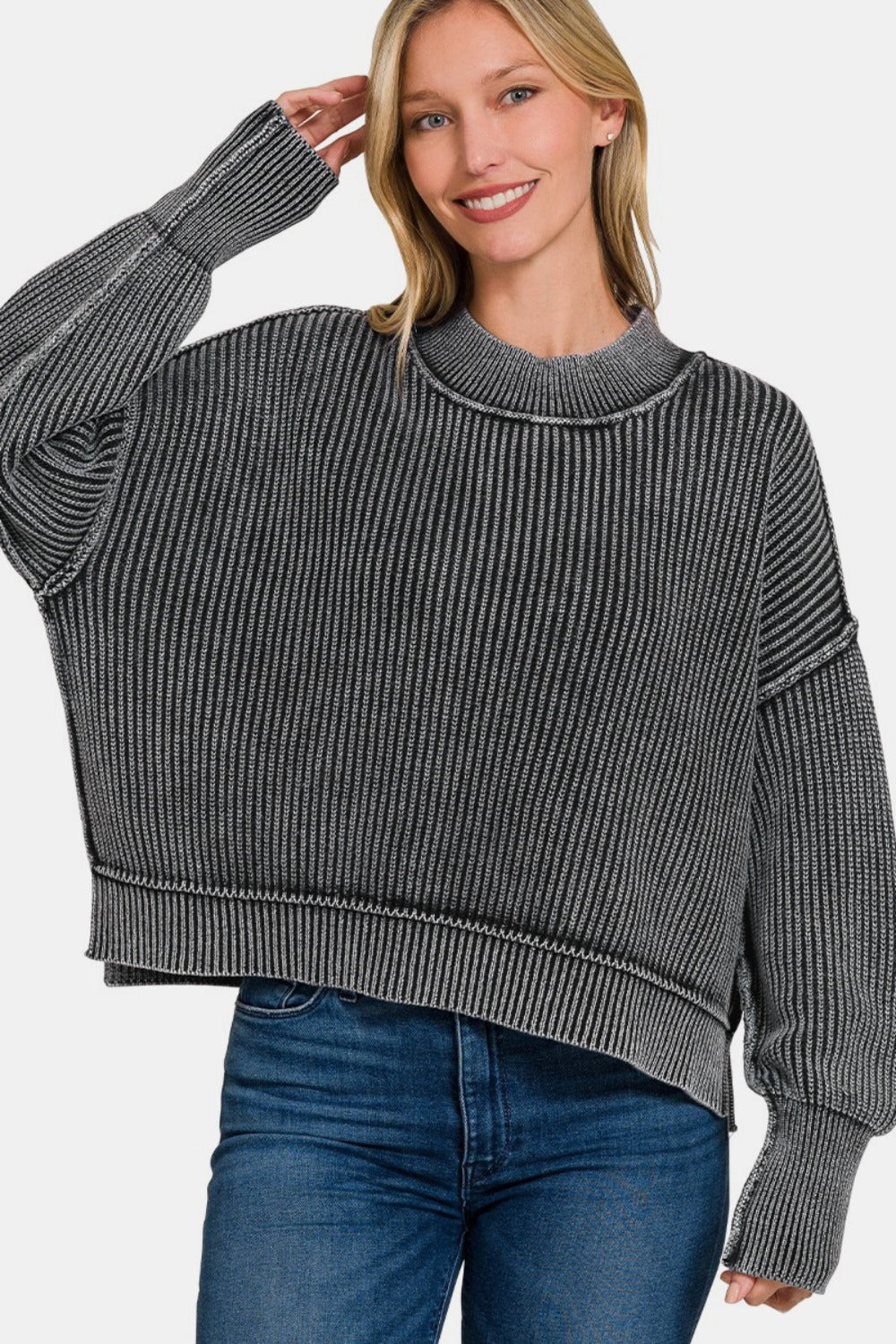 Blue Zone Planet | Zenana Exposed Seam Round Neck Dropped Shoulder Sweater-TOPS / DRESSES-[Adult]-[Female]-Black-S/M-2022 Online Blue Zone Planet