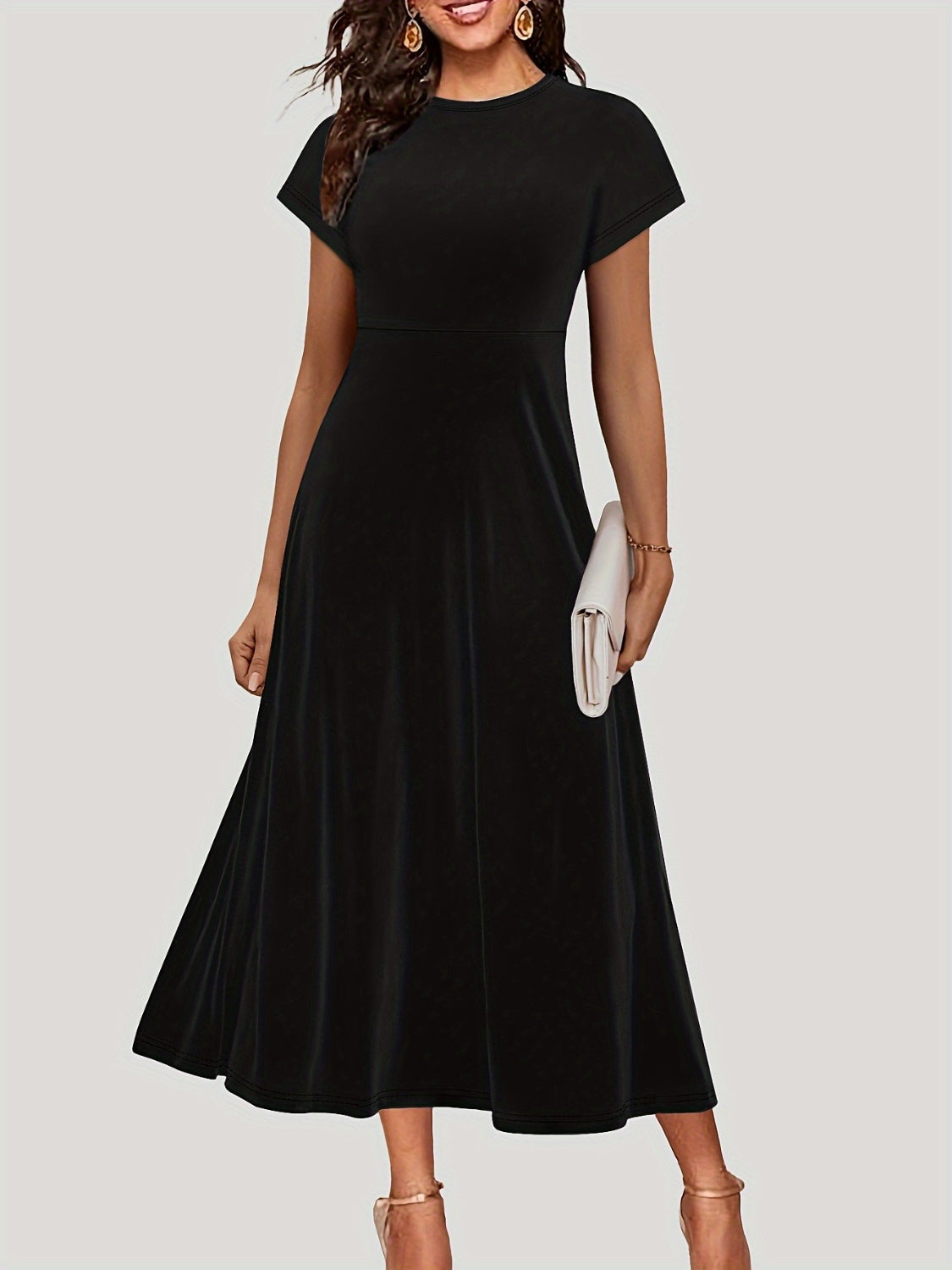 Round Neck Short Sleeve Midi Dress-TOPS / DRESSES-[Adult]-[Female]-Black-S-2022 Online Blue Zone Planet