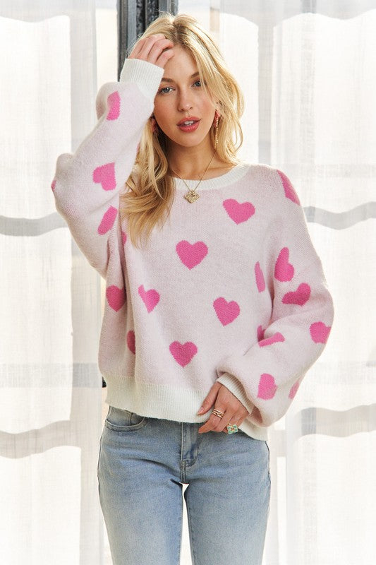 ADORA Heart Round Neck Drop Shoulder Sweater-TOPS / DRESSES-[Adult]-[Female]-OFF WHITE/PINK-S-2022 Online Blue Zone Planet