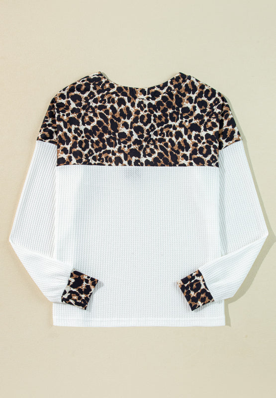 Waffle-Knit Leopard V-Neck Long Sleeve Blouse-TOPS / DRESSES-[Adult]-[Female]-2022 Online Blue Zone Planet