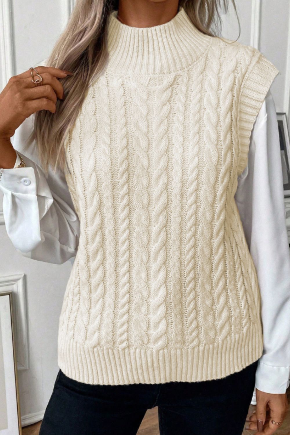 Cable Knit Turtleneck Sweater Vest-TOPS / DRESSES-[Adult]-[Female]-2022 Online Blue Zone Planet