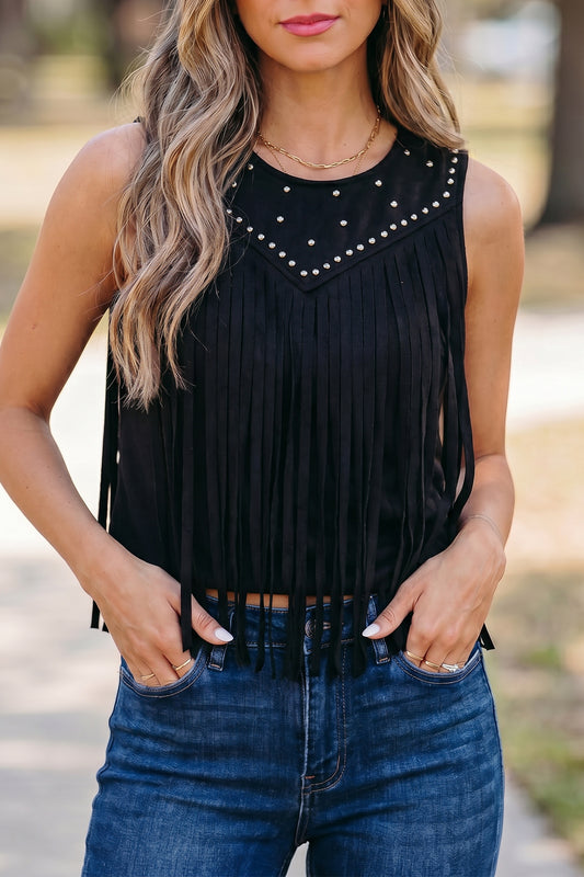 Black Western Fringe Rivet Paneling Bust Sleeveless Top-Tops/Tank Tops-[Adult]-[Female]-Black-S-2022 Online Blue Zone Planet