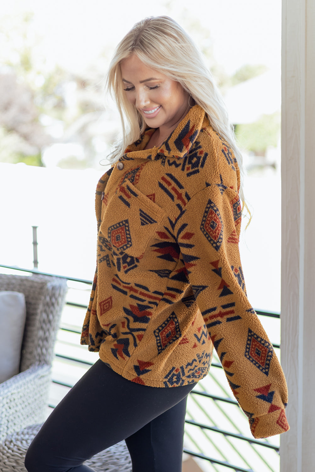 Khaki Western Aztec Pattern Fleece Shacket-TOPS / DRESSES-[Adult]-[Female]-2022 Online Blue Zone Planet