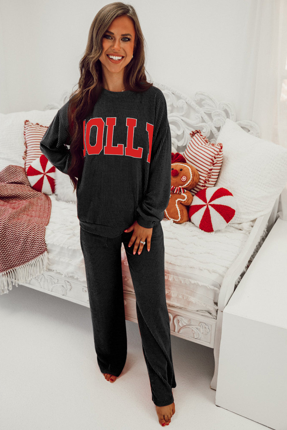 Black JOLLY Corded Long Sleeve Top and Pockets Pants Set-Two Piece Sets/Pant Sets-[Adult]-[Female]-2022 Online Blue Zone Planet