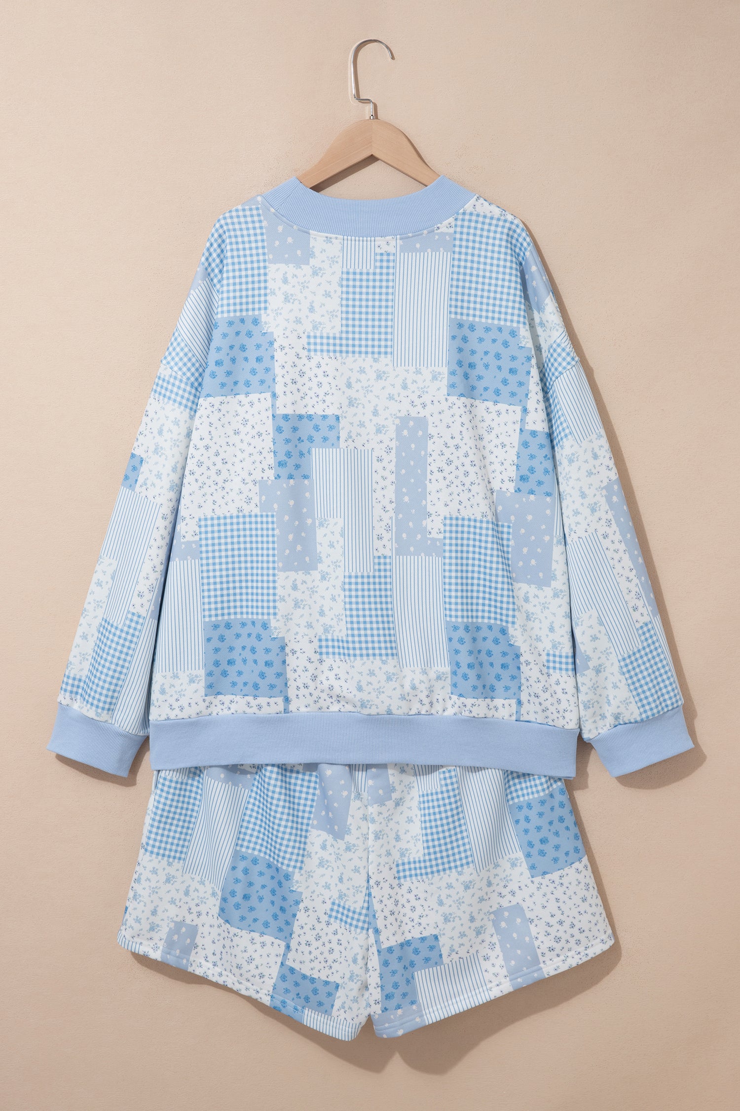 Sky Blue Patchwork Floral Print Stand Neck Long Sleeve Two-piece Outfit Plus Size Set-Plus Size/Plus Size Loungewear-[Adult]-[Female]-2022 Online Blue Zone Planet
