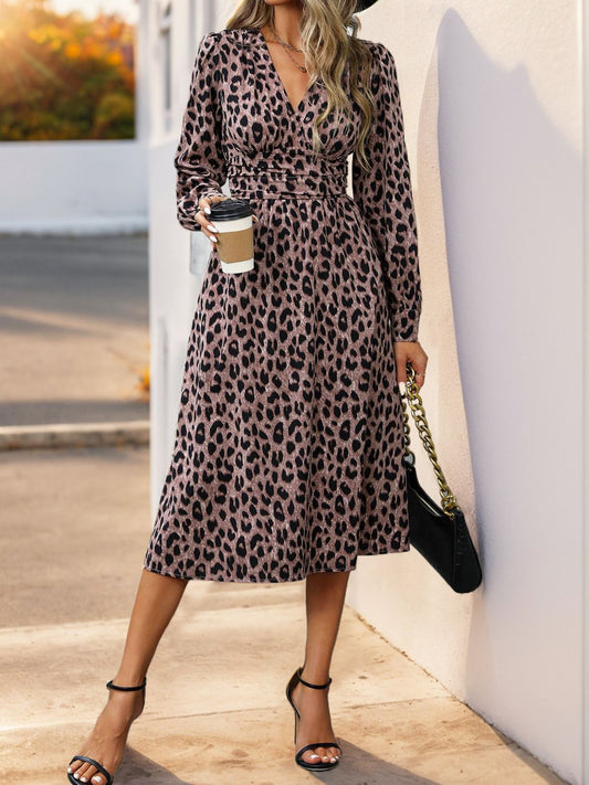 Perfee Leopard Surplice Long Sleeve Midi Dress-TOPS / DRESSES-[Adult]-[Female]-Mauve-S-2022 Online Blue Zone Planet