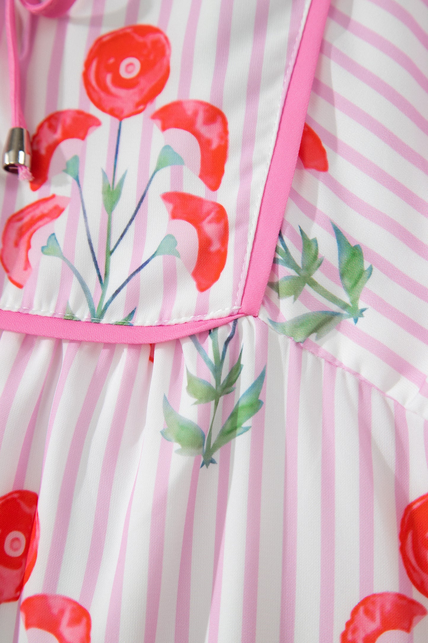 Pink Floral Striped Print Tie Notched Neck Puff Sleeve Flared Mini Dress-TOPS / DRESSES-[Adult]-[Female]-2022 Online Blue Zone Planet