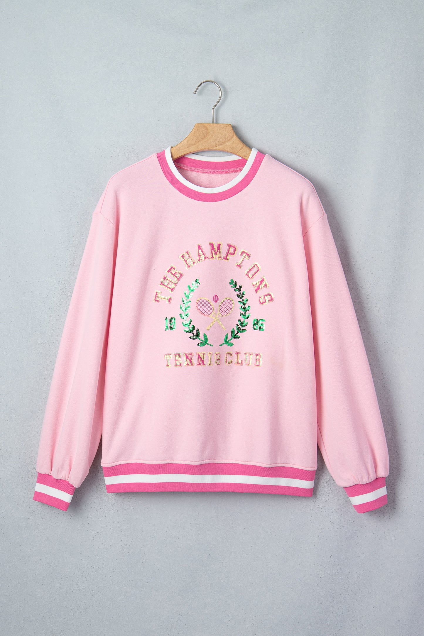 Pink Embroidered Tennis Club Crew Neck Pullover Sweatshirt