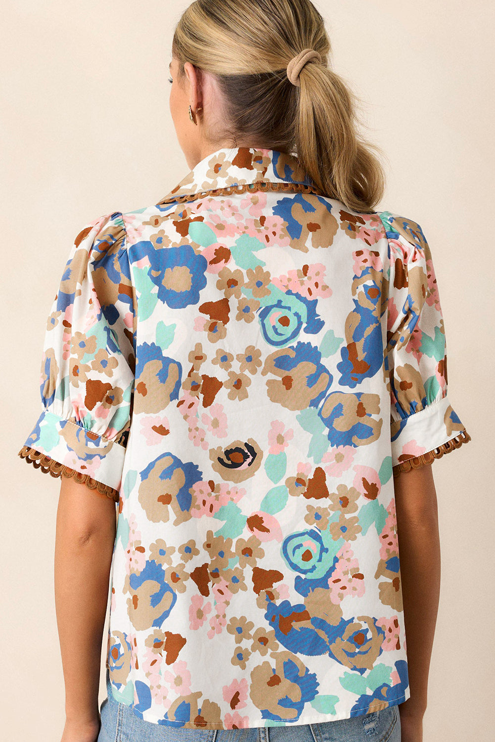 Multicolour Floral Print Ricrac Trim Collared Puff Short Sleeve Shirt-Tops/Blouses & Shirts-[Adult]-[Female]-2022 Online Blue Zone Planet