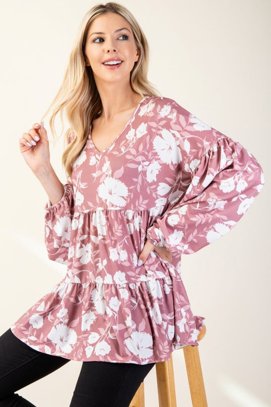 Celeste Full Size Tiered Floral V-Neck Long Sleeve Blouse-TOPS / DRESSES-[Adult]-[Female]-Mauve-S-2022 Online Blue Zone Planet