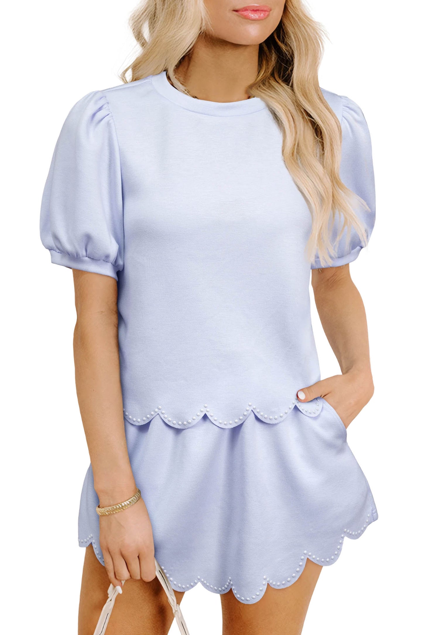 Beau Blue Puff Sleeve Pearl Embellished Scallop Trim Top 2 Piece Skort Set-Two Piece Sets/Two Piece Dresses-[Adult]-[Female]-2022 Online Blue Zone Planet