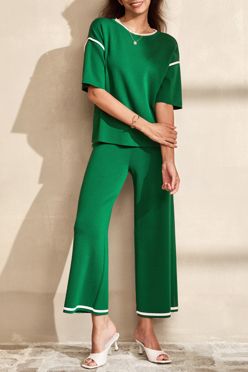 Blackish Green Contrast Trim Half Sleeve Top Drawstring Pants Loose 2pcs Sweater Suit-TOPS / DRESSES-[Adult]-[Female]-Blackish Green-S-2022 Online Blue Zone Planet