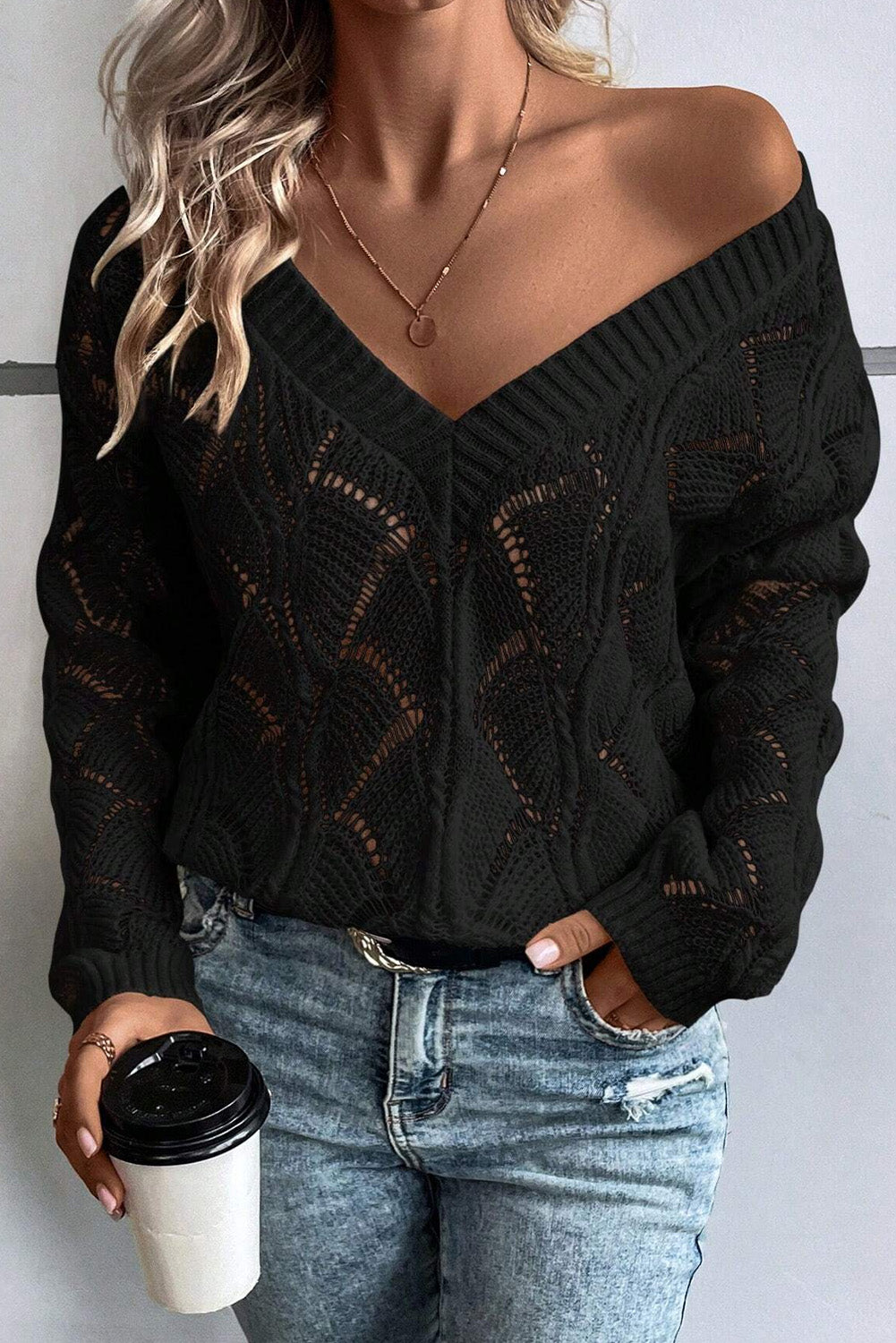 Black Hollow Out Knit V Neck Drop Shoulder Sweater-Sweaters & Cardigans/Sweaters-[Adult]-[Female]-Black-S-2022 Online Blue Zone Planet