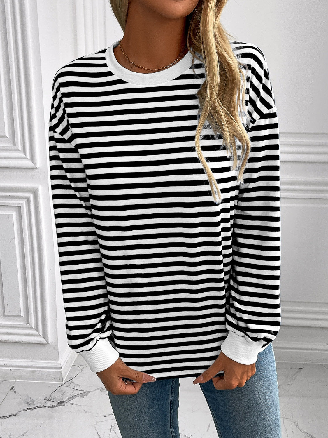 Ivy Lane Striped Round Neck Long Sleeve Sweatshirt-TOPS / DRESSES-[Adult]-[Female]-2022 Online Blue Zone Planet