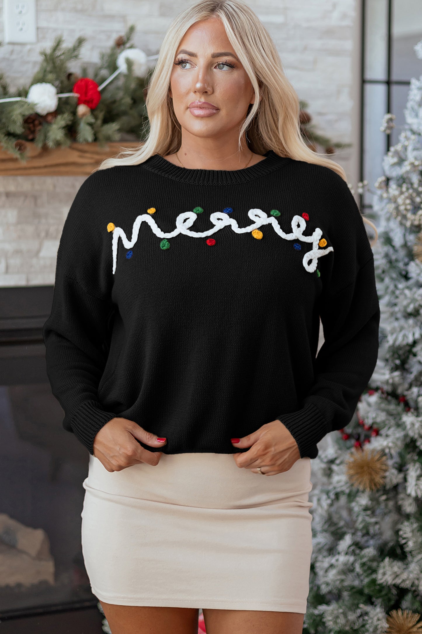 Black Merry Colorful Dot Detail Christmas Drop Shoulder Sweater-Sweaters & Cardigans/Sweaters-[Adult]-[Female]-2022 Online Blue Zone Planet