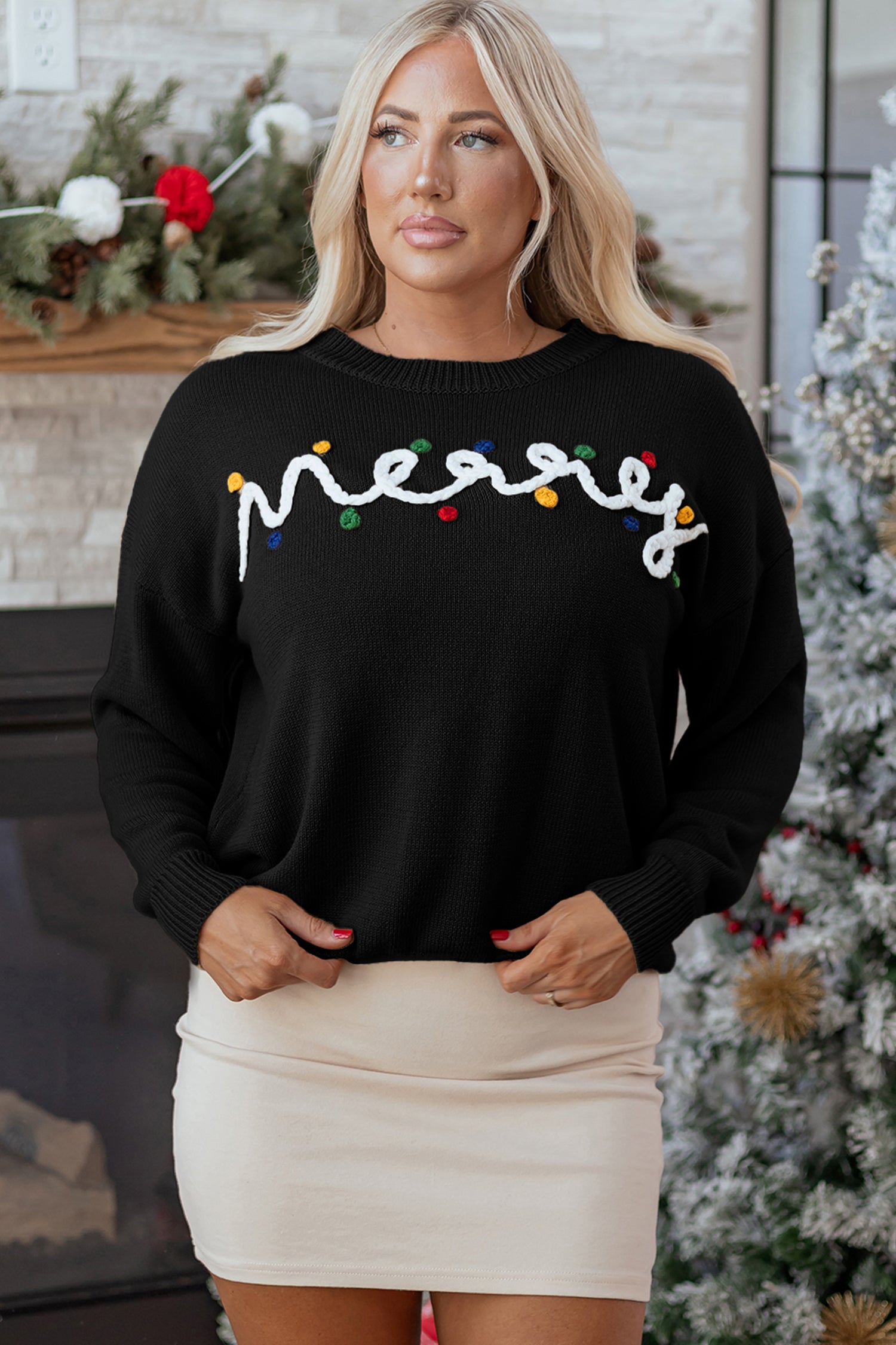 Black Merry Colorful Dot Detail Christmas Drop Shoulder Sweater-Sweaters & Cardigans/Sweaters-[Adult]-[Female]-2022 Online Blue Zone Planet