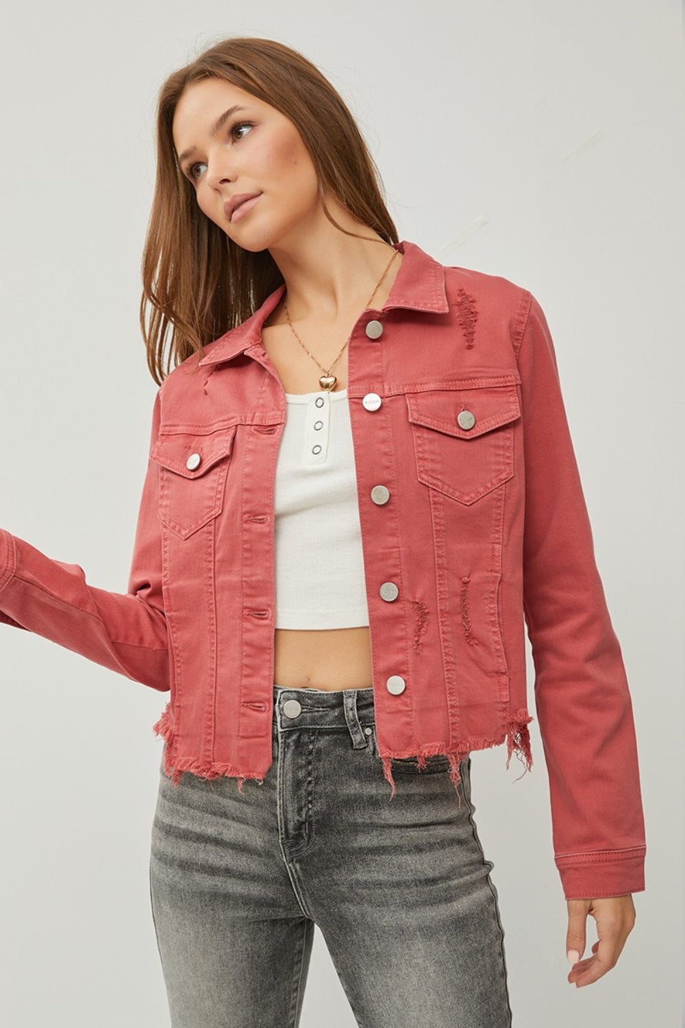 RISEN Raw Hem Button Up Cropped Denim Jacket-TOPS / DRESSES-[Adult]-[Female]-2022 Online Blue Zone Planet