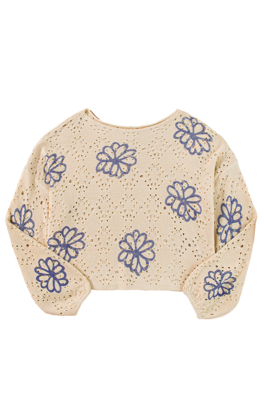 Beige Contrast Flower Print Eyelet Drop Shoulder Sweater-Sweaters & Cardigans/Sweaters-[Adult]-[Female]-2022 Online Blue Zone Planet