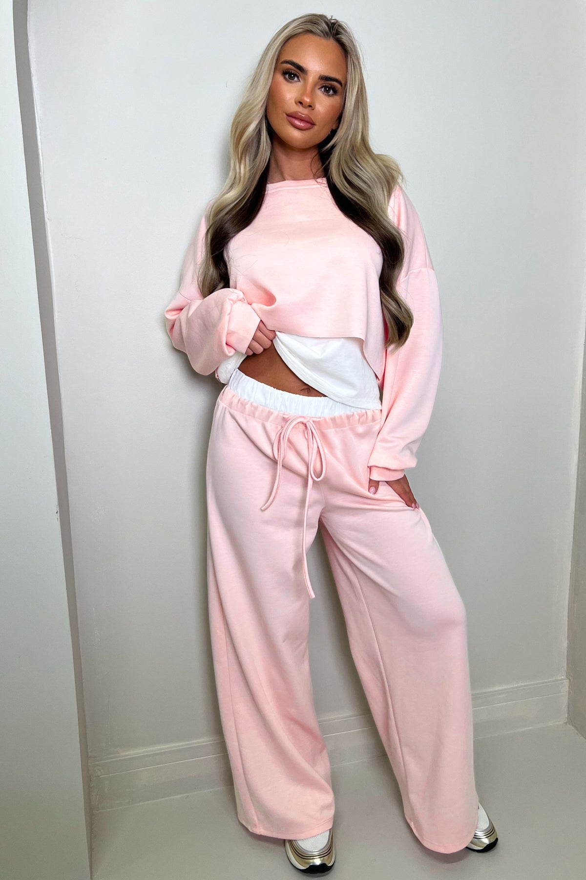 Pink Color Contrast Overlay Long Sleeve Top Drawstring Loose Pant Set