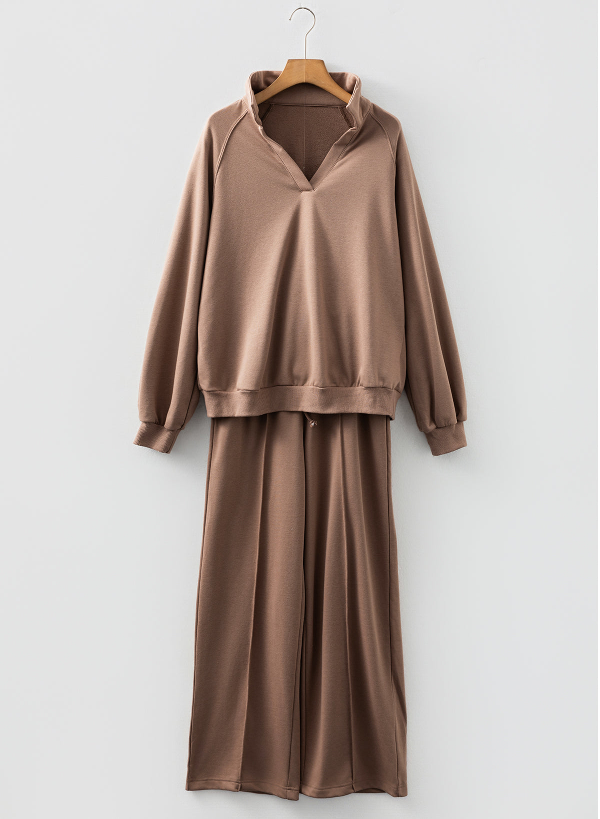 Dark Khaki Polo Collar V Neck Pullover and Drawstring Sweatpants Set-Two Piece Sets/Pant Sets-[Adult]-[Female]-2022 Online Blue Zone Planet