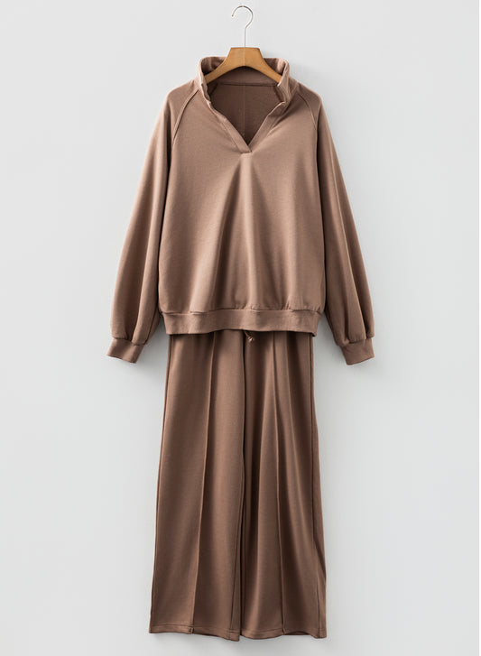 Dark Khaki Polo Collar V Neck Pullover and Drawstring Sweatpants Set-Two Piece Sets/Pant Sets-[Adult]-[Female]-2022 Online Blue Zone Planet