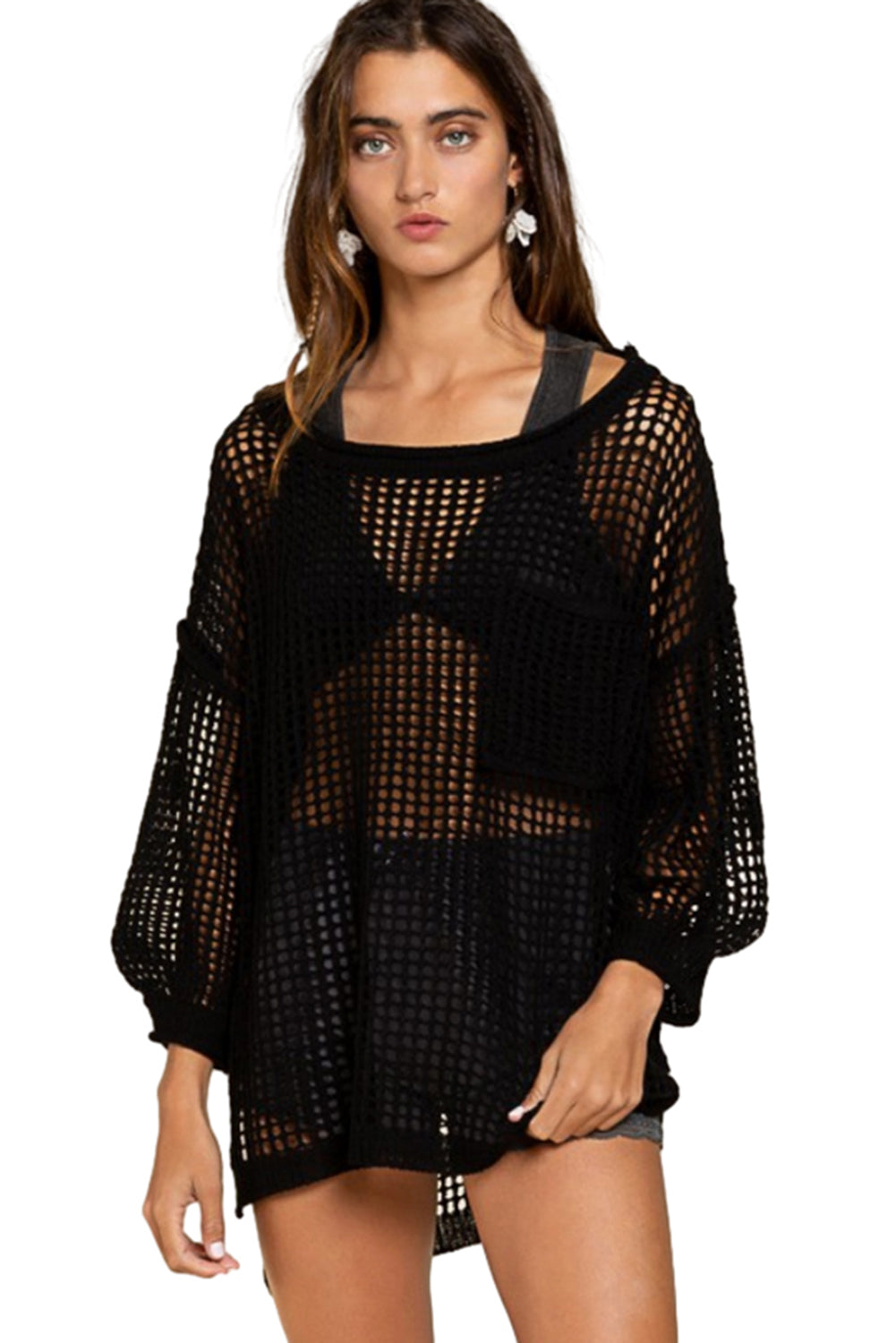 Black Fishnet Hollow-out Long Sleeve Beach Cover up-Swimwear/Beach Cover-ups-[Adult]-[Female]-2022 Online Blue Zone Planet