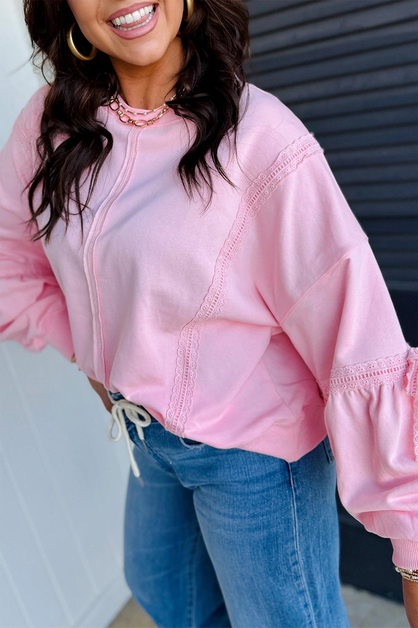 Pink Solid Color Raw Seam Lace Detail Loose Casual Sweatshirt-Tops/Sweatshirts & Hoodies-[Adult]-[Female]-2022 Online Blue Zone Planet