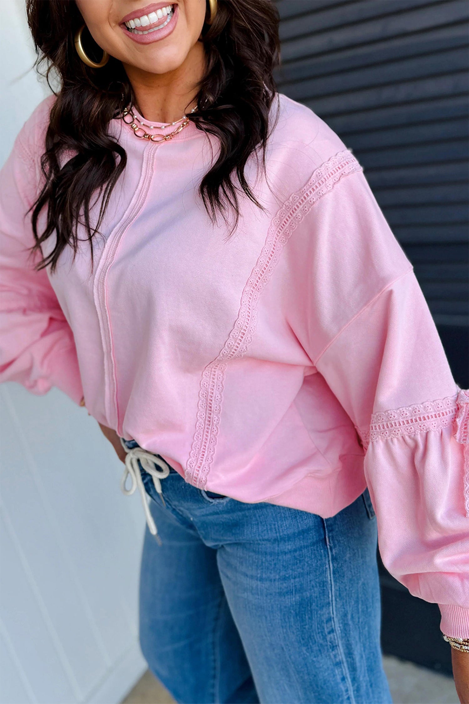 Pink Solid Color Raw Seam Lace Detail Loose Casual Sweatshirt-Tops/Sweatshirts & Hoodies-[Adult]-[Female]-2022 Online Blue Zone Planet