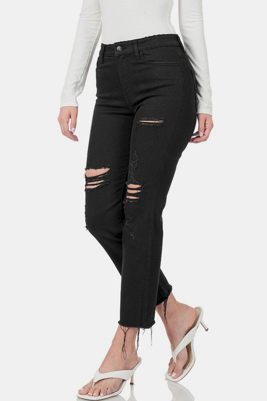 Zenana Distressed Raw Hem Cropped Jeans-BOTTOM SIZES SMALL MEDIUM LARGE-[Adult]-[Female]-2022 Online Blue Zone Planet