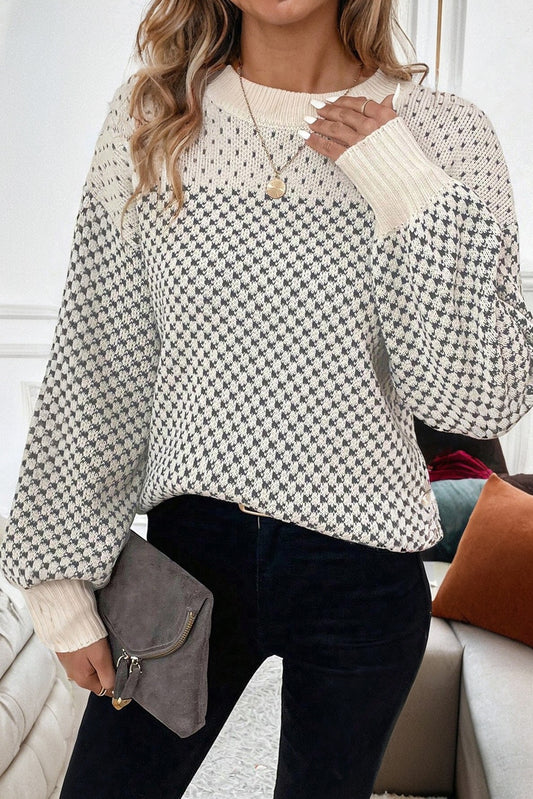 Black Contrast Color Pattern Lantern Sleeve Sweater-Sweaters & Cardigans/Sweaters-[Adult]-[Female]-2022 Online Blue Zone Planet