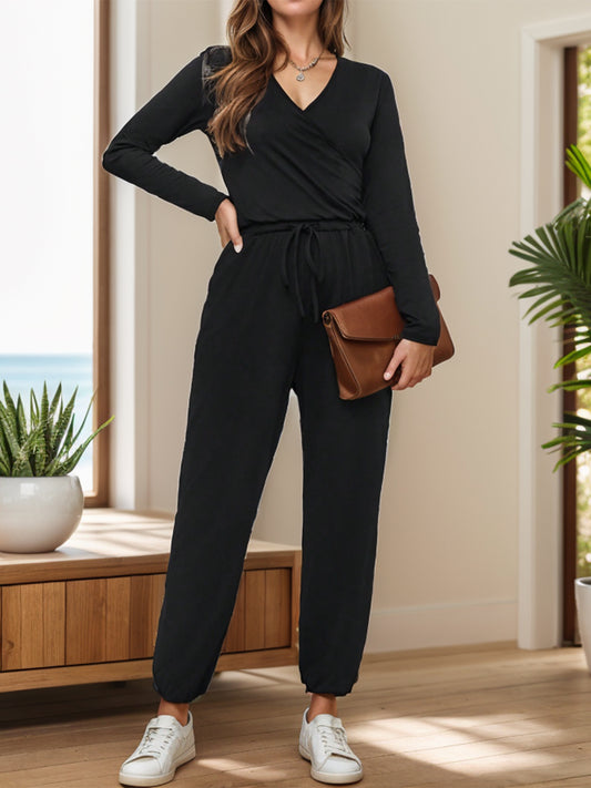 Surplice Tie Waist Long Sleeve Jumpsuit-TOPS / DRESSES-[Adult]-[Female]-Black-S-2022 Online Blue Zone Planet