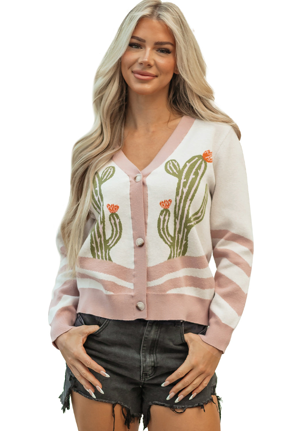 Apricot Desert Cactus Buttoned Front Sweater Cardigan-Sweaters & Cardigans/Cardigans-[Adult]-[Female]-2022 Online Blue Zone Planet