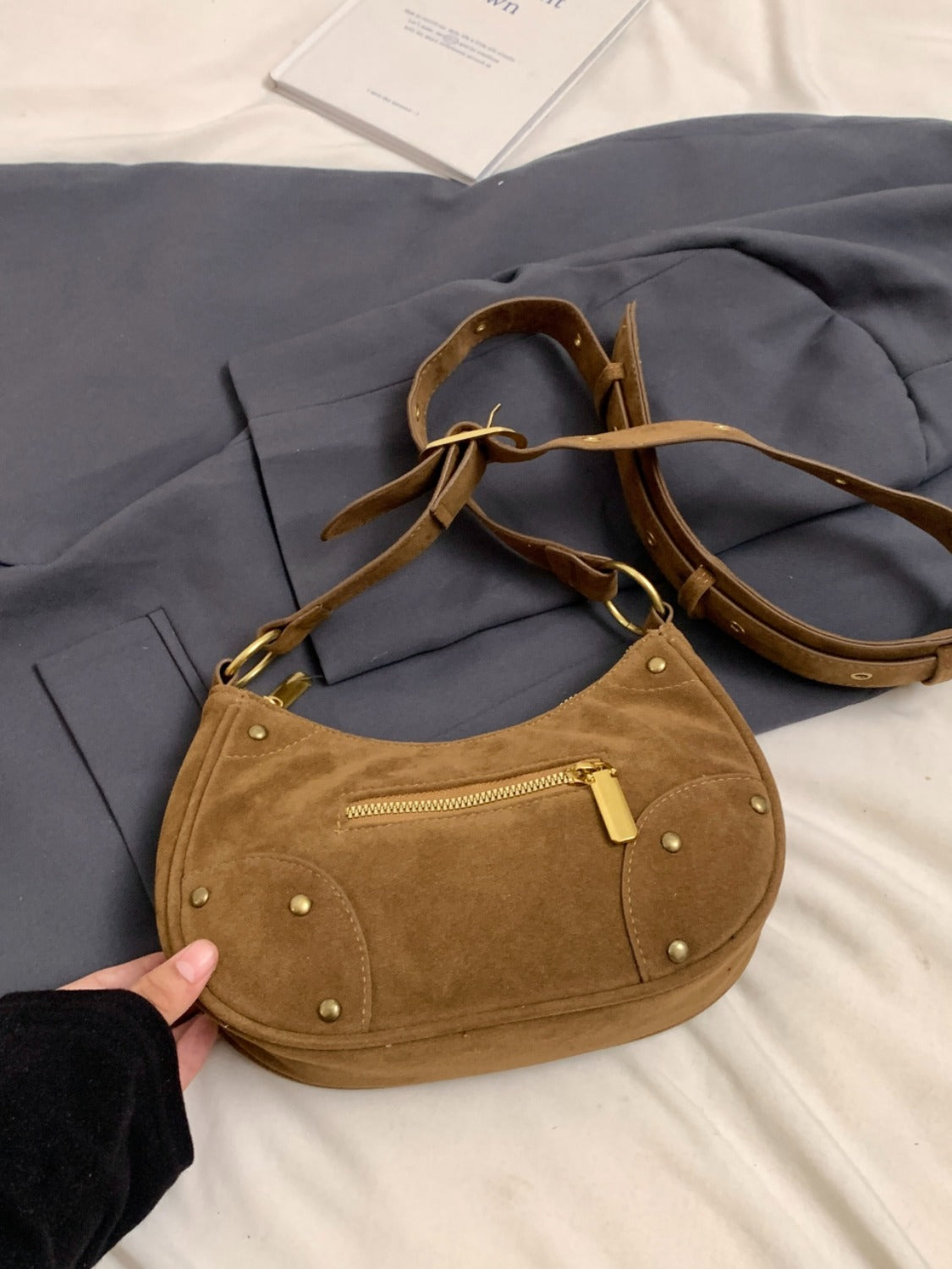 Suede Adjustable Strap Shoulder Bag-HANDBAGS-[Adult]-[Female]-2022 Online Blue Zone Planet