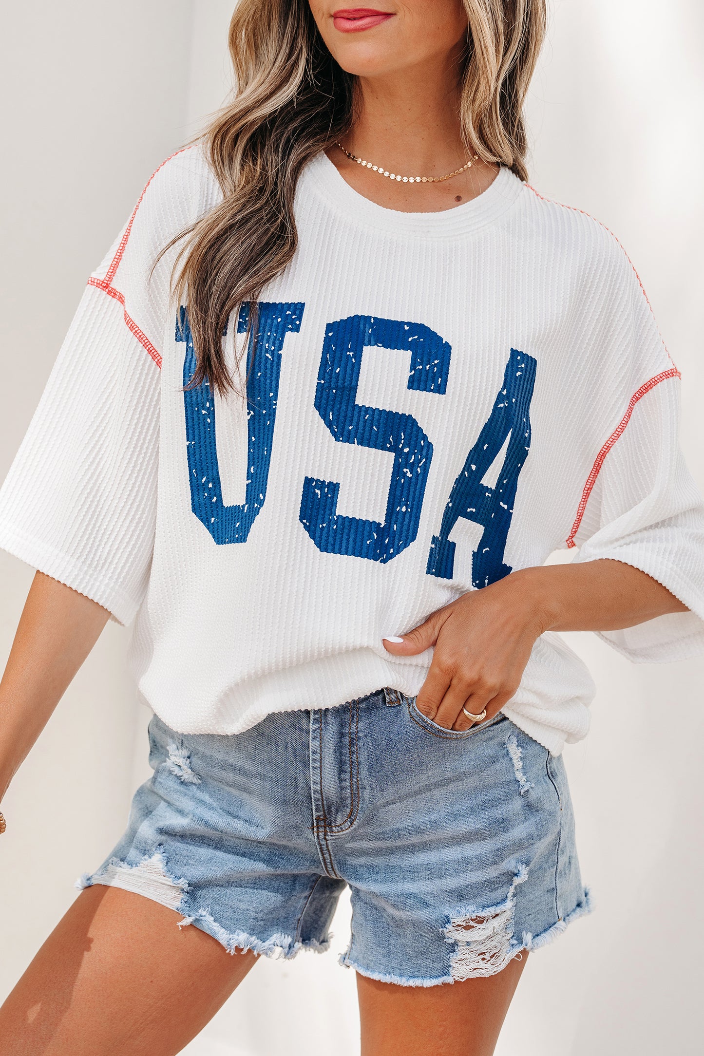 Fiery Red Usa Graphic Half Sleeve Loose Ribbed Top-Tops/Tops & Tees-[Adult]-[Female]-2022 Online Blue Zone Planet