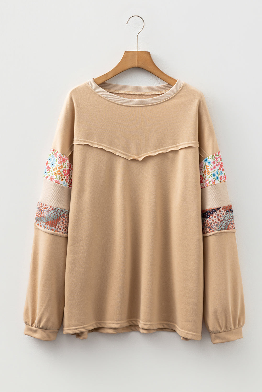 Khaki Exposed Seam Floral Mixed Patchwork Relaxed Plus Size Top-Plus Size/Plus Size Sweatshirts & Hoodies-[Adult]-[Female]-2022 Online Blue Zone Planet