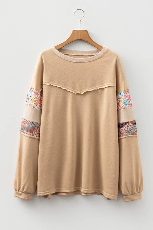 Khaki Exposed Seam Floral Mixed Patchwork Relaxed Plus Size Top-Plus Size/Plus Size Sweatshirts & Hoodies-[Adult]-[Female]-2022 Online Blue Zone Planet