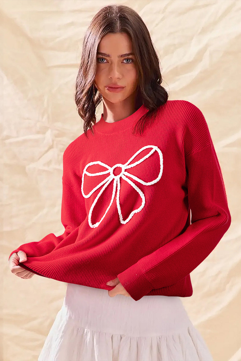 Fiery Red Bow Embroidered Graphic Ribbed Sweater Top-TOPS / DRESSES-[Adult]-[Female]-2022 Online Blue Zone Planet