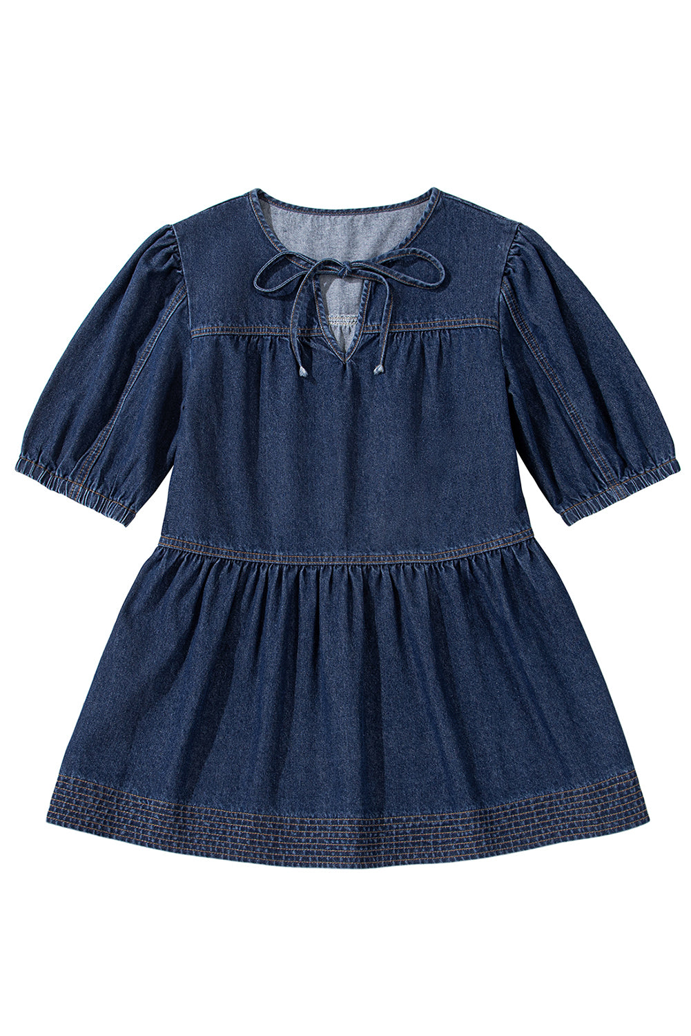 Sail Blue Puff Sleeve Lace-up Neckline Splicing Denim Blouse-Blouses-[Adult]-[Female]-2022 Online Blue Zone Planet