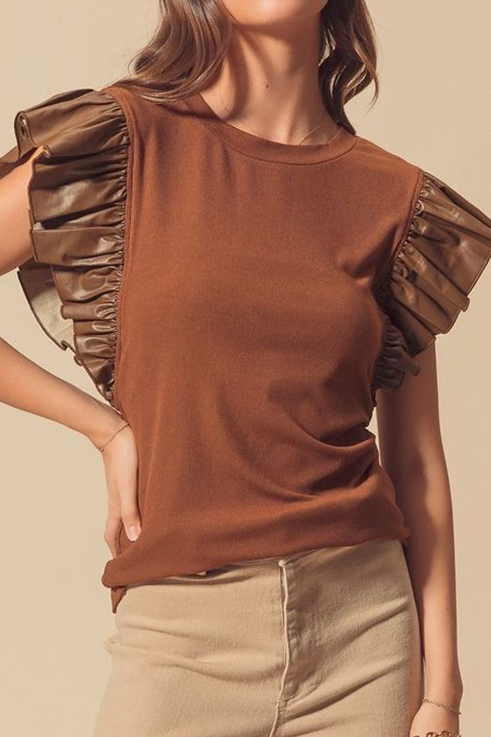Ruffled Round Neck Cap Sleeve Blouse-TOPS / DRESSES-[Adult]-[Female]-Brown-S-2022 Online Blue Zone Planet