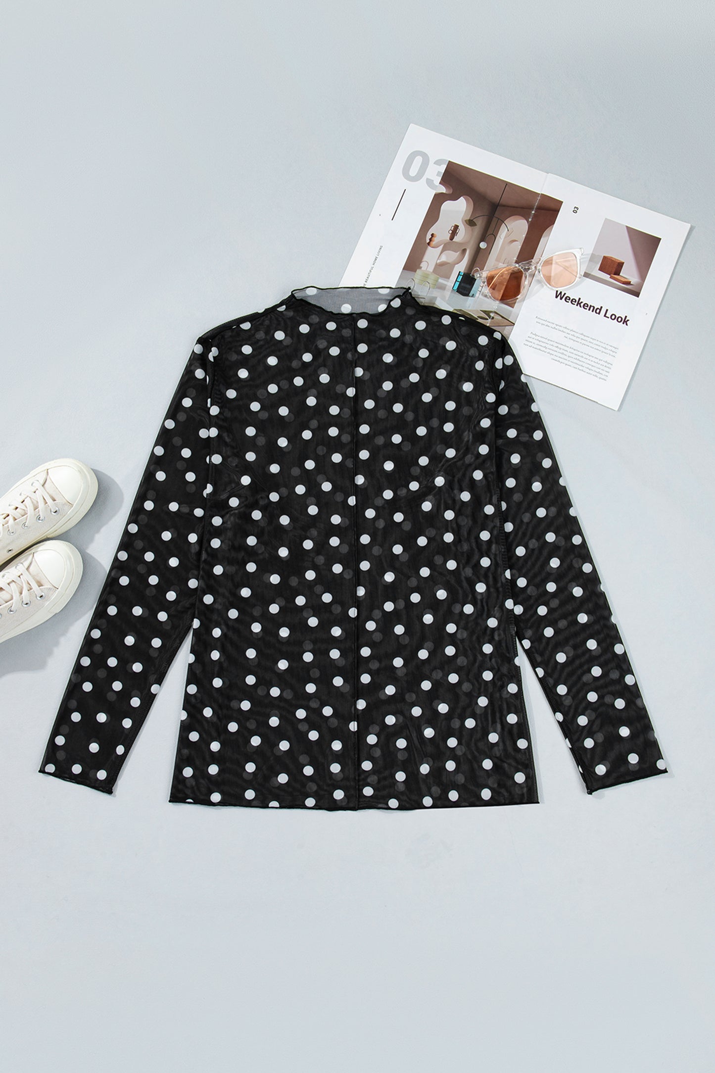 Black Plus Size Mock Neck Polka Dot Long Sleeve Mesh Top-Plus Size/Plus Size Tops/Plus Size Long Sleeve Tops-[Adult]-[Female]-2022 Online Blue Zone Planet