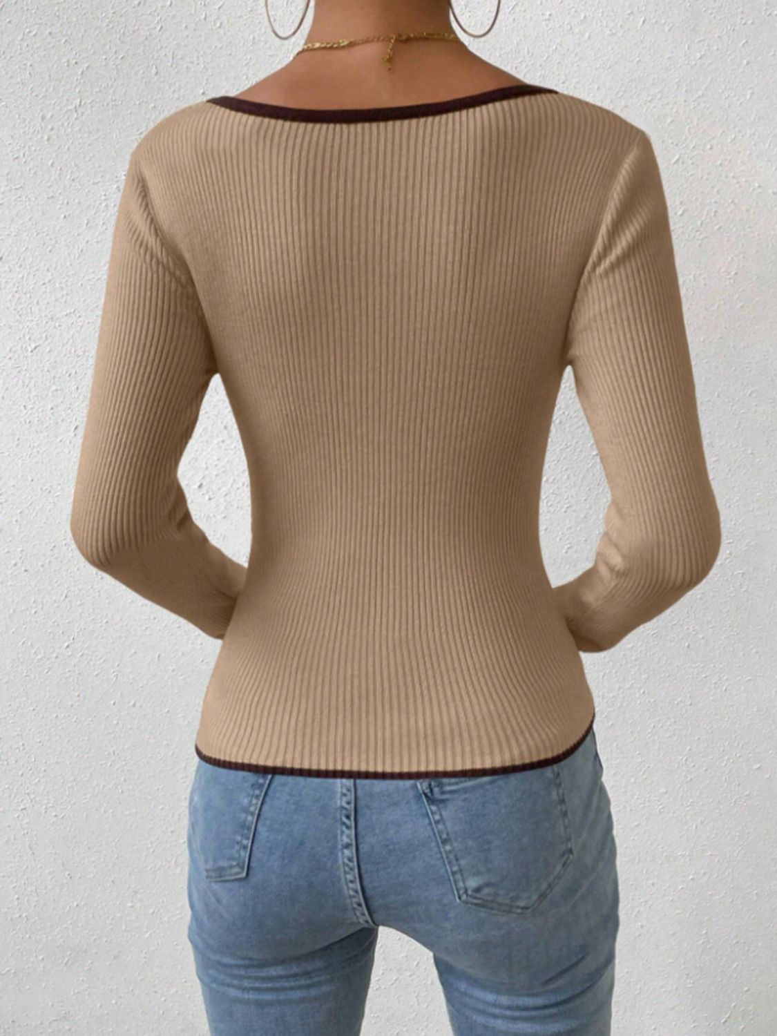 Contrast Trim Long Sleeve Knit Top-TOPS / DRESSES-[Adult]-[Female]-2022 Online Blue Zone Planet