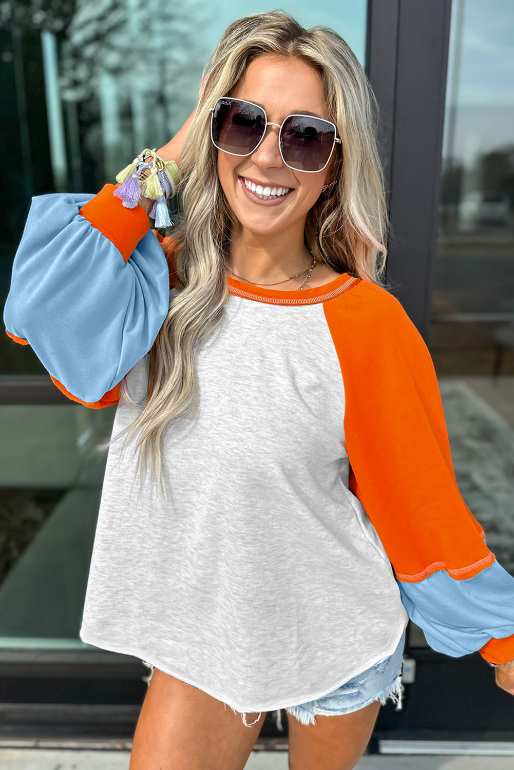 Light Grey Color Block Raglan Sleeve Contrast Stitching Loose Fit Top-Tops/Long Sleeve Tops-[Adult]-[Female]-2022 Online Blue Zone Planet